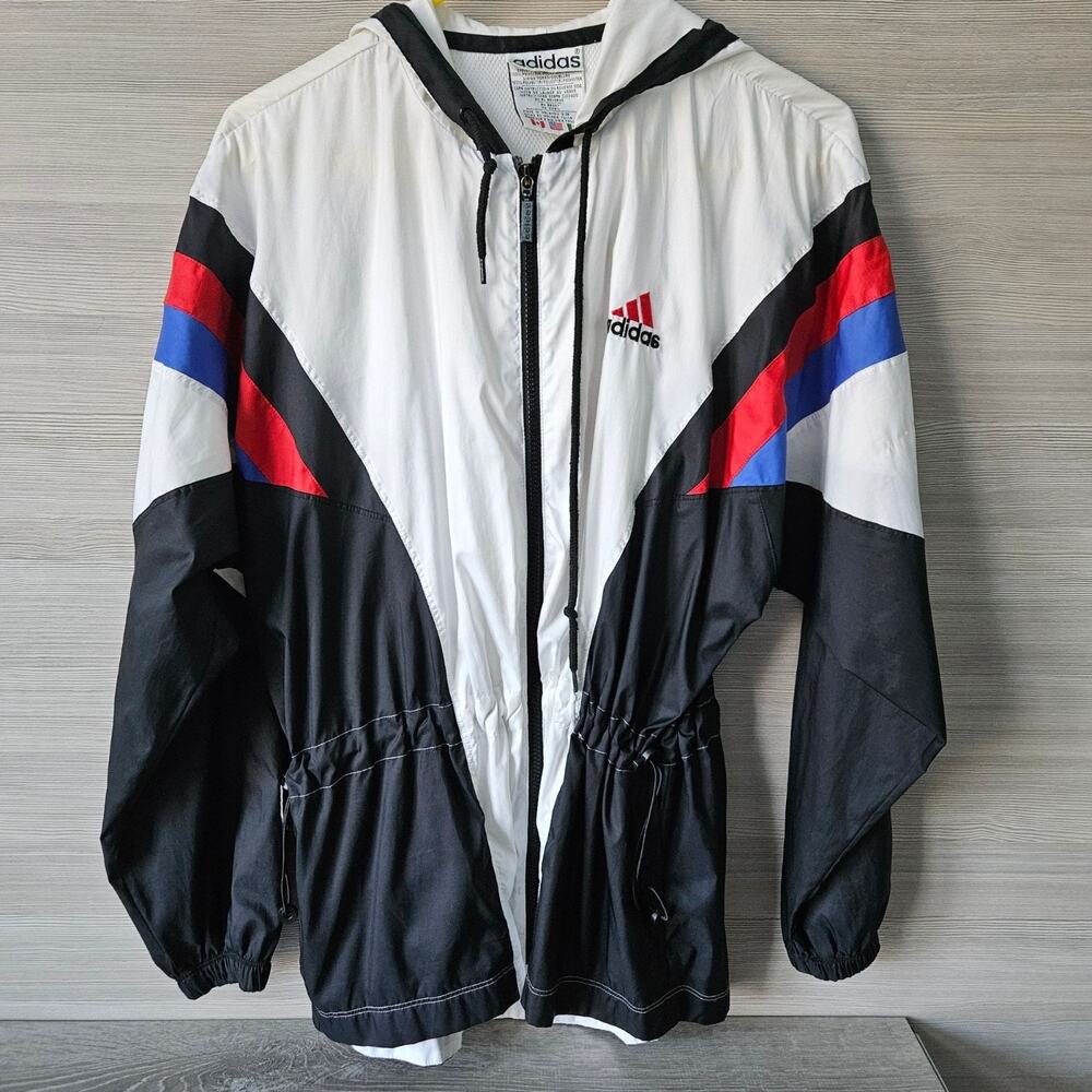 Vintage Adidas‎ Windbreaker Jacket Hooded 90s Colorblock White Black Red Size L - Picture 5 of 16